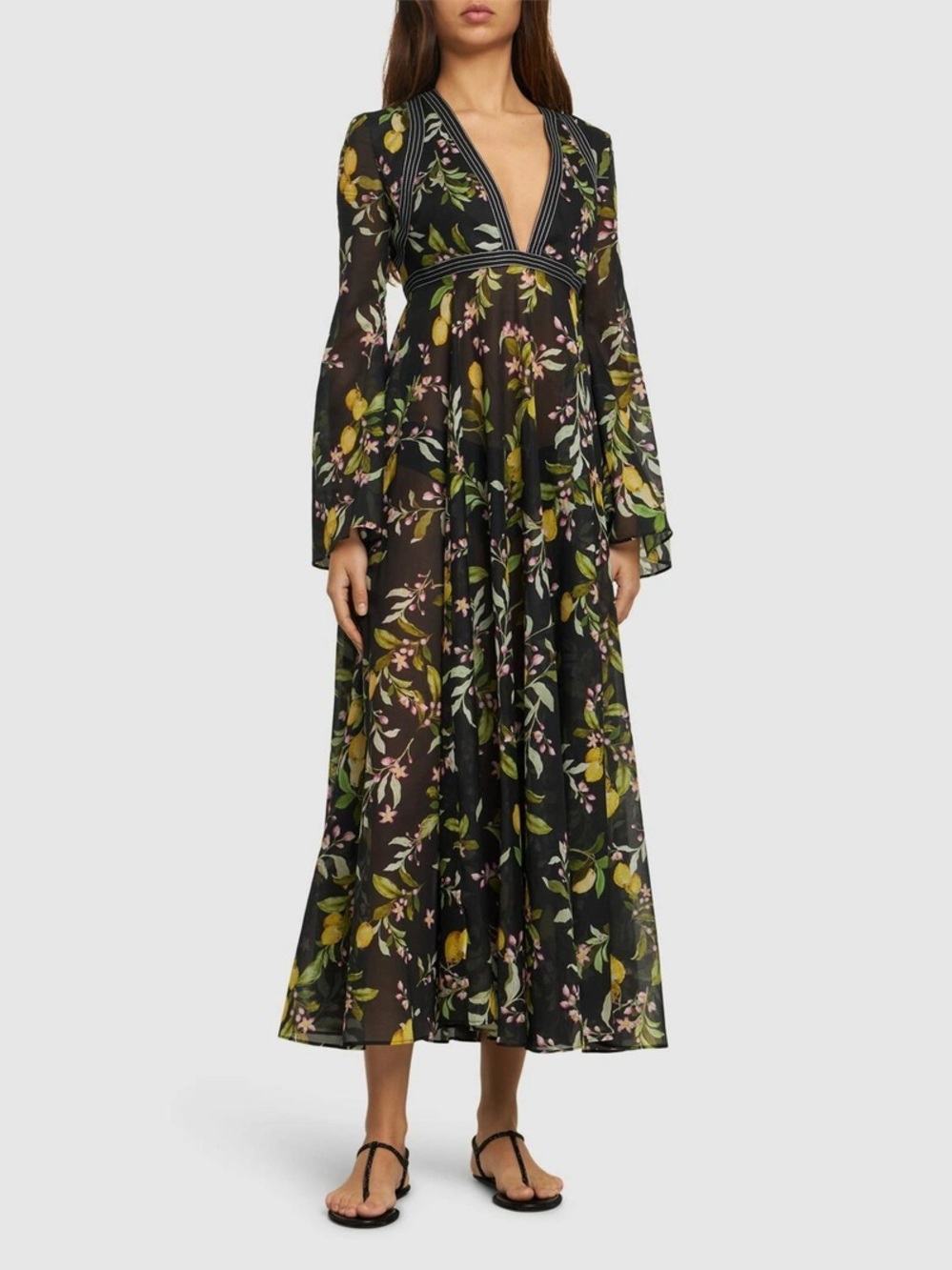 Deep V Black Floral Maxi Dress with Sheer Long Sleeves